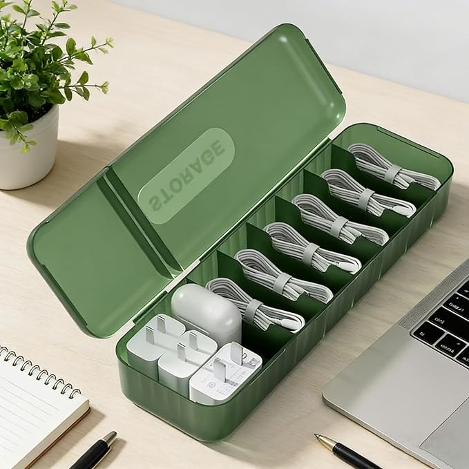 RayHenry Cable Organizer Box with Lid, Charger Cord Storage Box, Multifunctional Accessories Storage for Home Drawer Office Desk (Dark Green)