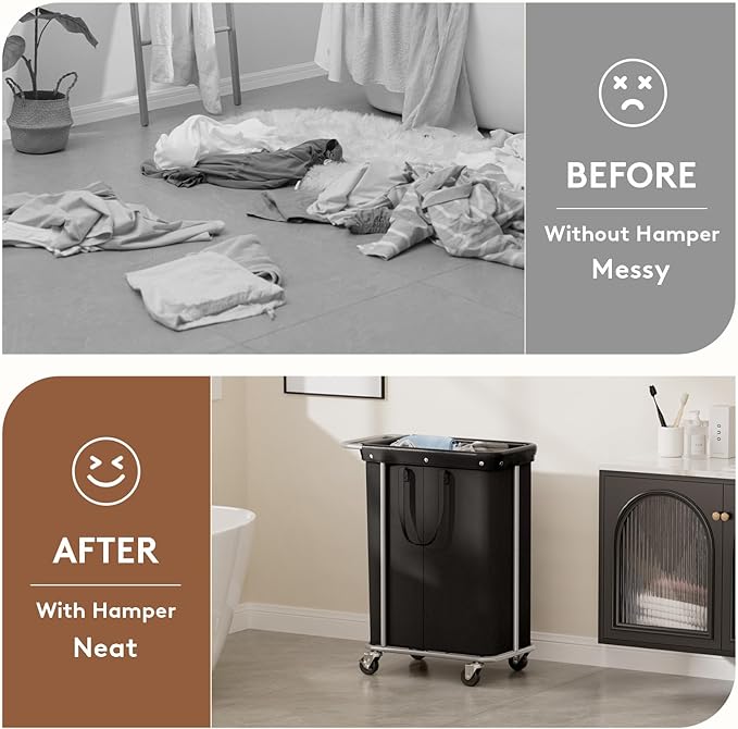 Lifewit 150L Large Laundry Basket with Wheels, Tall 2 Section Laundry Hamper Organizer, Rolling Laundry Cart with Steel Frame & Removable Bag for Luandry Room Bathroom Bedroom, Black