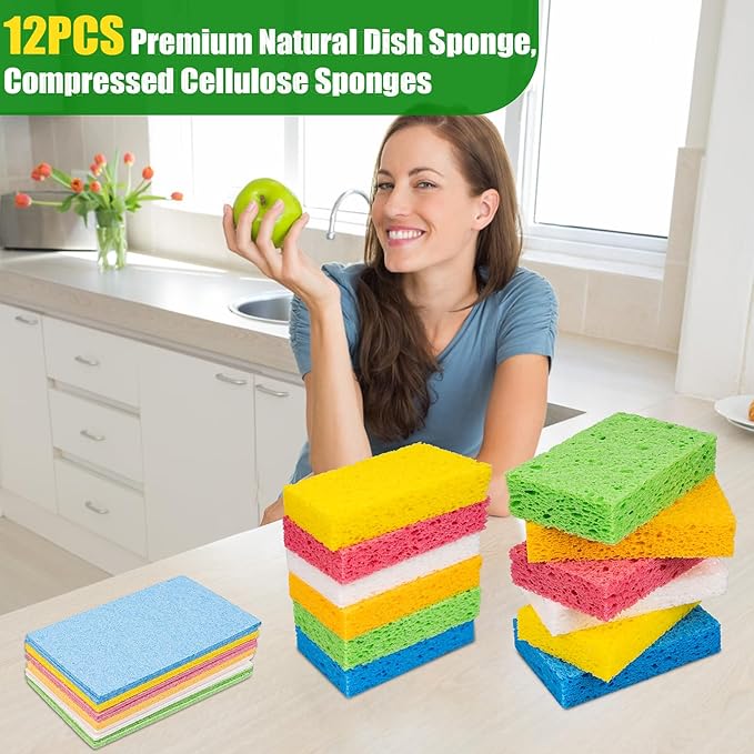 12 PCS Kitchen Sponges, Natural Compressed Cellulose Sponges, Non-Scratch Reusable Sponges for Kitchen Dish Washing, Scrub Sponge for Cleaning, Bathroom, Cars, Cut-Outs DIY