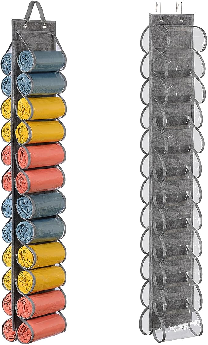 Lirex Hanging Yoga Legging Storage Organizer with 24 Pockets, Foldable Oxford Cloth Hanging Closet Organizer Shirts Jeans Storage Hanger Socks Holder for Family Closet Bedroom, Grey