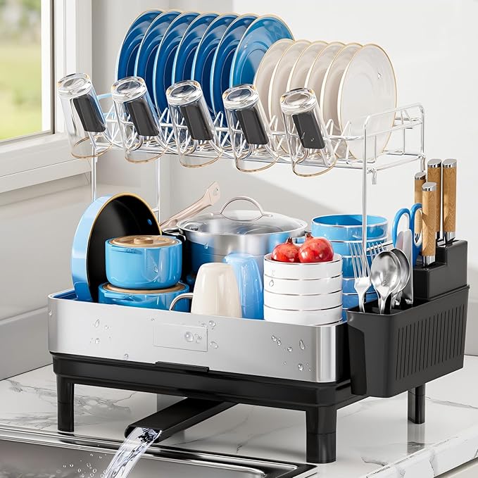 Dish Drying Rack, 2 Tier Large Dish Rack, Stainless Steel Dish Drainer for Kitchen Counter, Dishes Rack with Automatic Drainage, Utensil Holder,Cups Holder,Space Saving Kitchen Organizer,Black