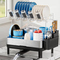 Dish Drying Rack, 2 Tier Large Dish Rack, Stainless Steel Dish Drainer for Kitchen Counter, Dishes Rack with Automatic Drainage, Utensil Holder,Cups Holder,Space Saving Kitchen Organizer,Black