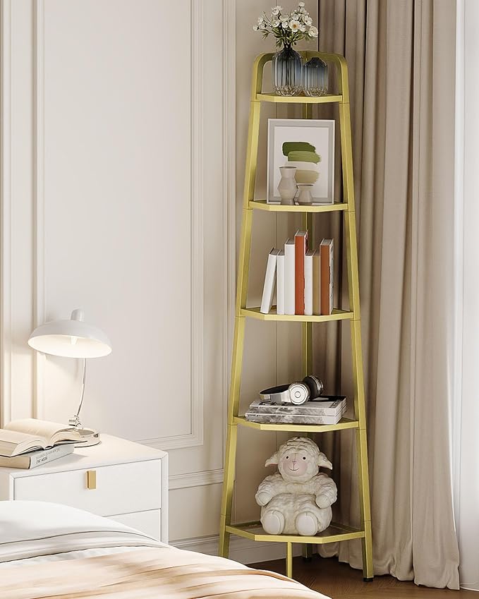 5-Tier Corner Shelf, 59.6” Corner Storage Stand, Floorstanding Dispaly Rack, Tempered Glass Corner Bookshelf, Open Plant Stand, for Living Room, Bedroom, Study, Bathroom, Gold TCJ21GJ