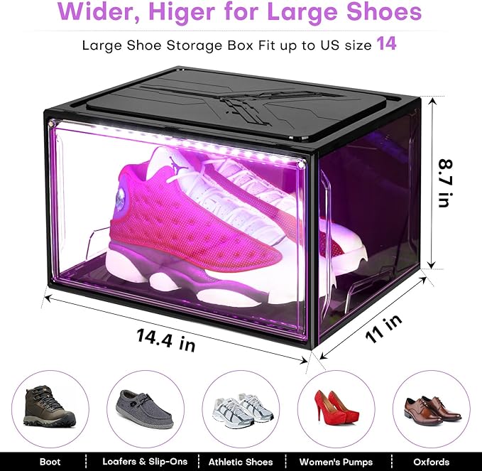 Shoe Storage Organizer for Closet, Foldable Shoe Boxes Rack 2 pack, Clear Plastic Stackable Containers Bins Holder, Magnetic Sneaker Shelf for Sneakerheads with LED Lights (Black)
