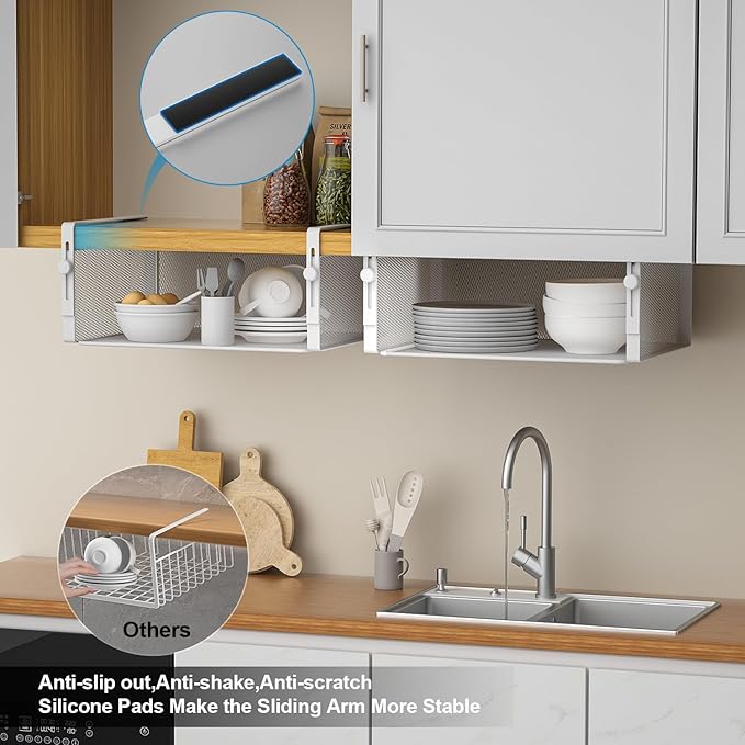 2Pack Under Shelf Basket Organizer,Adjustable Hanging Holder for Cabinet Pantry Kitchen Cupboard Desk Counter Bookshelf Organization Add-on Space Saver Heavy Duty Slide-in (White, Large)