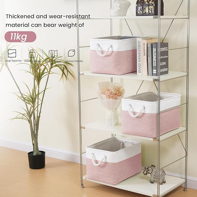 Large Storage Baskets- 15x11x10 inch Storage Bins for Shelves and Closet Organizing, Foldable Fabric Bin for Home Organization Clothes and Laundry (3-Pack, White&Pink)