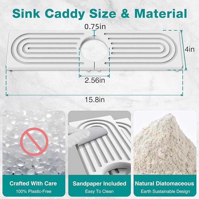 DK177 Faucet Mat for Kitchen Sink - Water Absorbing Stone Tray for Sink, Painted Wood Fast-Drying Faucet Mat, Faucet Splash Guard for Bathroom Counter (White, 15.8" x 4")