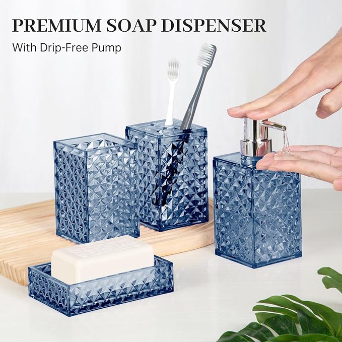 Bathroom Accessory Set, Grid Pattern 4 Pcs Plastic Bathroom Set Include Soap Dispenser, Soap Dish, Toothbrush Holder, Mousewash Cup, Modern Bahtroom Décor Set, Space Save for Bathroom(Dark Blue)