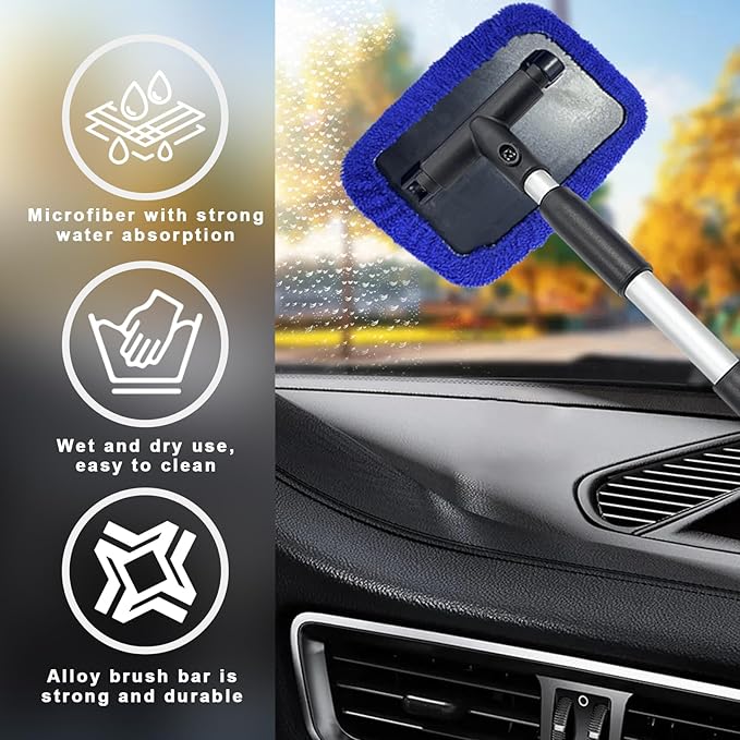 Ziciner Car Windshield Cleaner, Microfiber Auto Cleaning Wiper with Aluminum Extendable Handle and 2 Washable Reusable Cloth Pad Head, Universal Vehicle Interior Exterior Cleaner Kit (Blue-Rectangle)