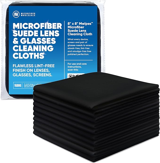 Premium Lens Screen Cleaning Cloth by Microfiber Wholesale | Black | 8”x8” | 10pk | Soft Microfiber Suede | Compact Size Reusable | No Lint Scratch-Free Durable | Lenses Screens iPads
