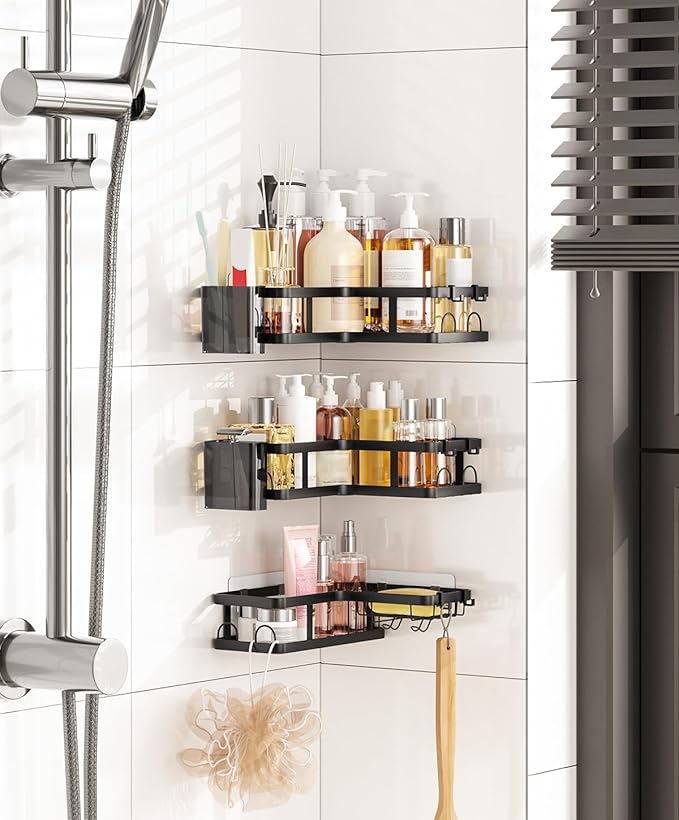 3 Pack Corner Shower Caddy Organizer, Rustproof Corner Shower Shelves, No Drilling Bathroom Corner Shelf with Hooks and Toothpaste Holder