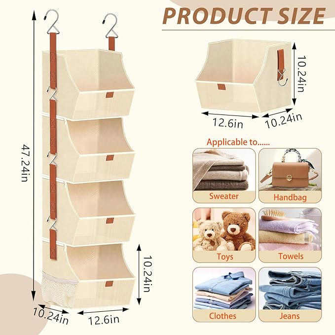Fabric 4 Tier Hanging Closet Organizer Heavy Duty Beige Shelf Hanging Storage Towel Clothes Sweater Jeans Bag Organizer For Closet For Bedroom, Dorm, RV, See Through Front Panel, Space-Saving