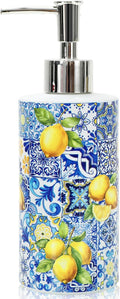 JarThenaAMCS Capri Lemon Soap Dispenser Blue Tile Yellow Lemon Glass Dispenser with Pump Refillable Liquid Soap Container for Summer Home Kitchen Bathroom Countertop