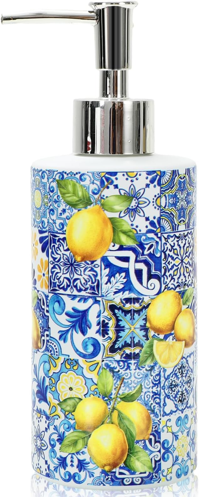 JarThenaAMCS Capri Lemon Soap Dispenser Blue Tile Yellow Lemon Glass Dispenser with Pump Refillable Liquid Soap Container for Summer Home Kitchen Bathroom Countertop