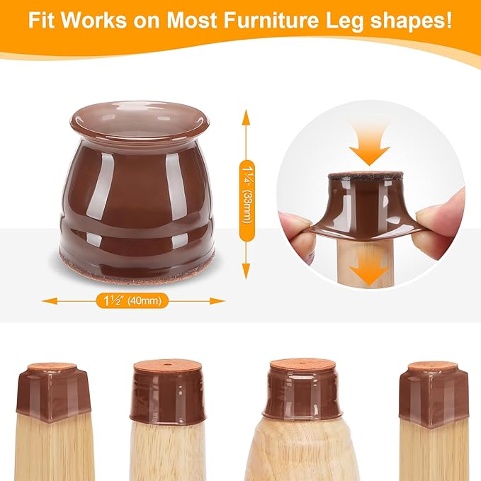 CHUNZEXI 16 Pack Chair Leg Floor Protectors for Hardwood Floors, Silicone Felt Covers Pads Caps, Protect Wood Furniture Feet Floors Noise Reduce and Scratch (Universal Large & Brown)