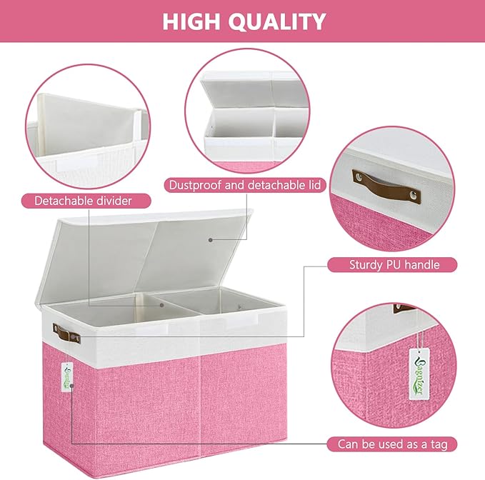 Large Toy Storage Box with Lids, Collapsible Sturdy Baby Storage Organizer Chest Bin Basket for Kids, Boys, Girls, Playroom, Nursery, Bedroom, Closet 25"x13"x16" (Pink and White)