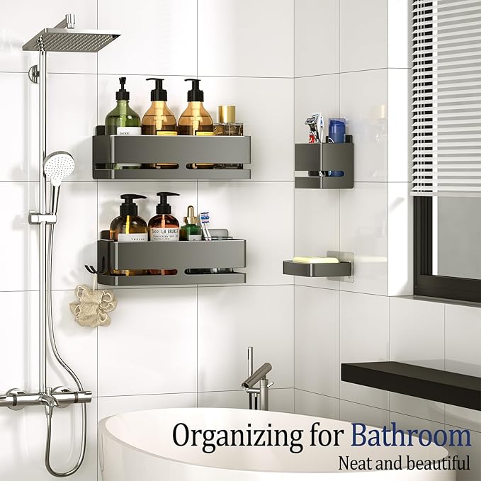 YESENT Bathroom Shower Caddy (5-Piece Set Storage Rack), Wall-Mounted Shelf with soap Dish and Toothbrush Holder, no Drilling Required, Ideal for Bathroom Storage and Also Suitable for Kitchen (Grey)
