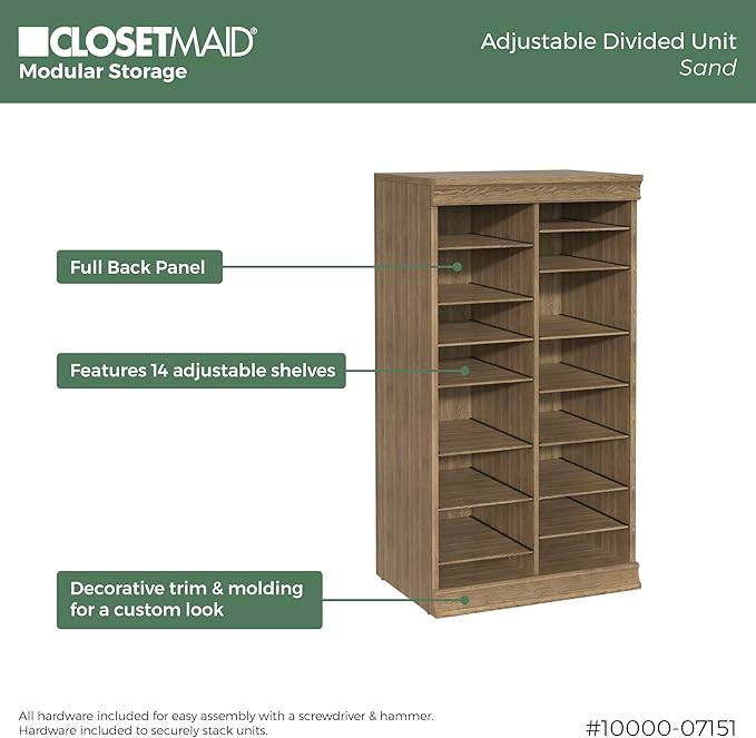 ClosetMaid Modular Adjustable Divided Storage Shelving Unit Organizer, 15.94-Inch D x 40.3-Inch H x 21.38-Inch W, Sand