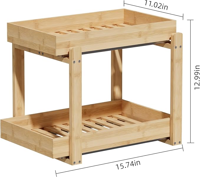 Bamboo Wood Under Sink Organizer 2 Pack, Pull Out Cabinet Organizer 2 Tier Under Sink Organizers and Storage with Sliding Drawer Sturdy Easy Assembly for Kitchen Bathroom (Nature)