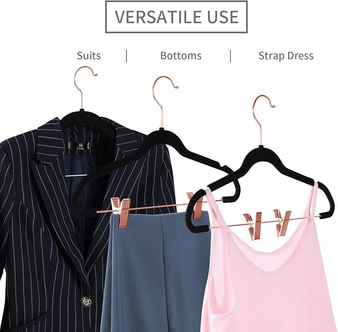 MIZGI Premium Velvet Pants Hangers with Clips (Pack of 20) Slim Skirt Hangers- Non Slip Felt Outfit Dress Hangers Black - Copper/Rose Gold Hooks,Space Saving Shirt Clothes Hangers
