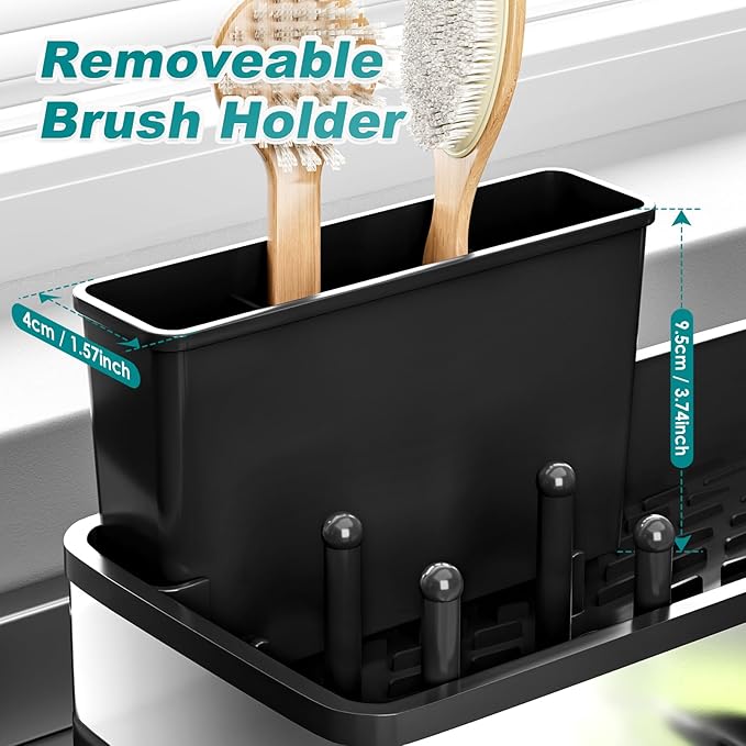 Ewaiira Stainless Steel Sink Caddy, Sponge Holder for Kitchen Sink with Brush Holder & Dishcloth Rack, Rustproof Sink Organizer Countertop, Soap Dispenser Kitchen Organizers Storage Essentials, Black