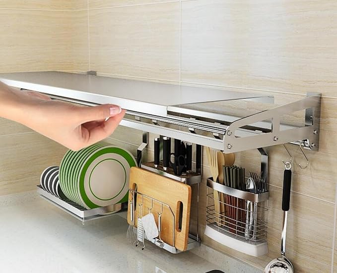 Floating Shelf 304 Stainless Steel Metal Heavy Duty Household Spice Rack Microwave Mounted Storage Rack for Kitchen Bedroom Bathroom (Length60CM*Wide15CM)