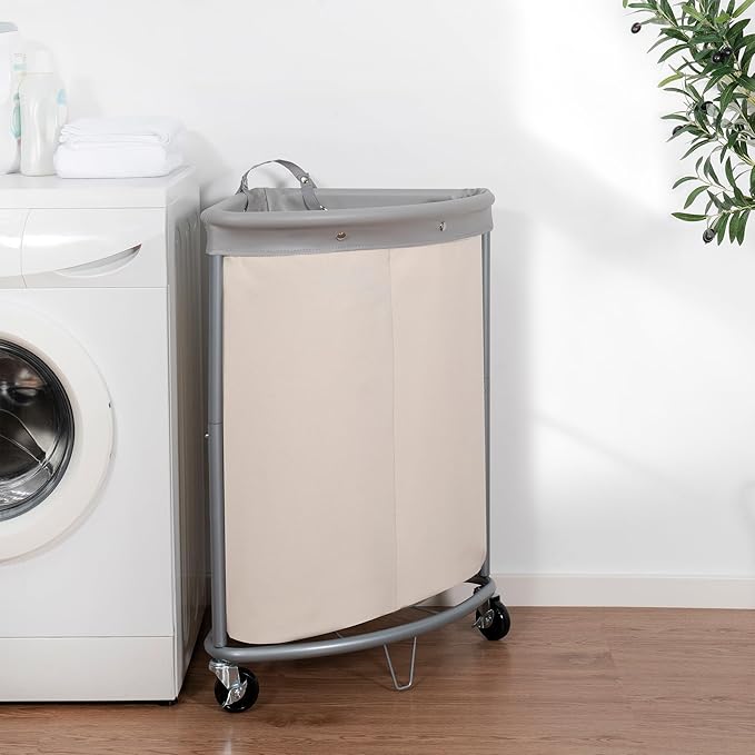 STORAGE MANIAC Corner Laundry Hamper, 110L Commercial Laundry Hamper with Heavy Duty Steel Frame and Removable Bag, Industrial Rolling Laundry Sorter, Heavy Duty Laundry Basket Organizer, Beige