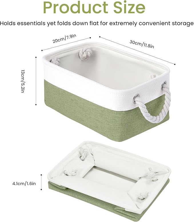 Storage Baskets for Shelves 11.8x7.9x5.2 Inch, Foldable Fabric Storage Bins with Handles, Small Storage Baskets for Organizing Closet, Office, Home Organization (1-Pack, White&Green)