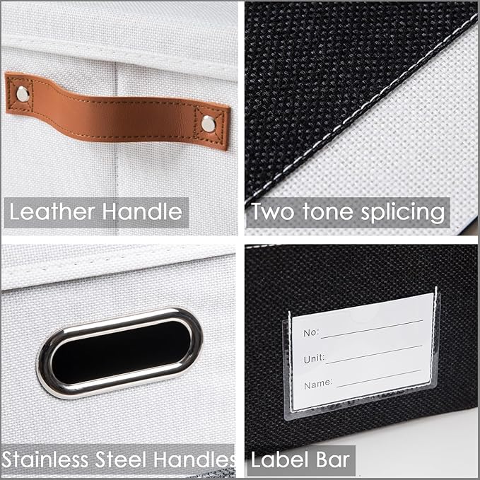 PRANDOM Storage Bins with Lids [3-Pack] Linen Fabric Foldable Storage Boxes Organizer Containers Baskets Cube with Cover for Bedroom Closet Office Grey&Black (23.4X15.9X11.4)