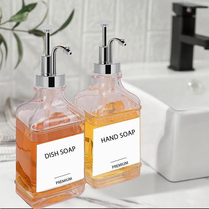 Dish Soap Dispenser for Kitchen, Hand Glass Soap Dispenser Set with Pump, Funnel for Bathroom, Shower, Laundry, Liquid, Lotion (Silver 2 Pack 18 Oz Clear Bottles with 12 Stickers)