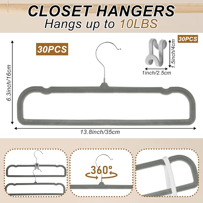 Velvet Pants Hangers Non Slip, 30 Pack Velvet Hangers for Closet with 30 Hooks, Strong Durable Space Saving Slim Clothes Hanger, Ultra Thin Flocked Hanger for Pants, Shirts, Bra, Shorts (Grey)