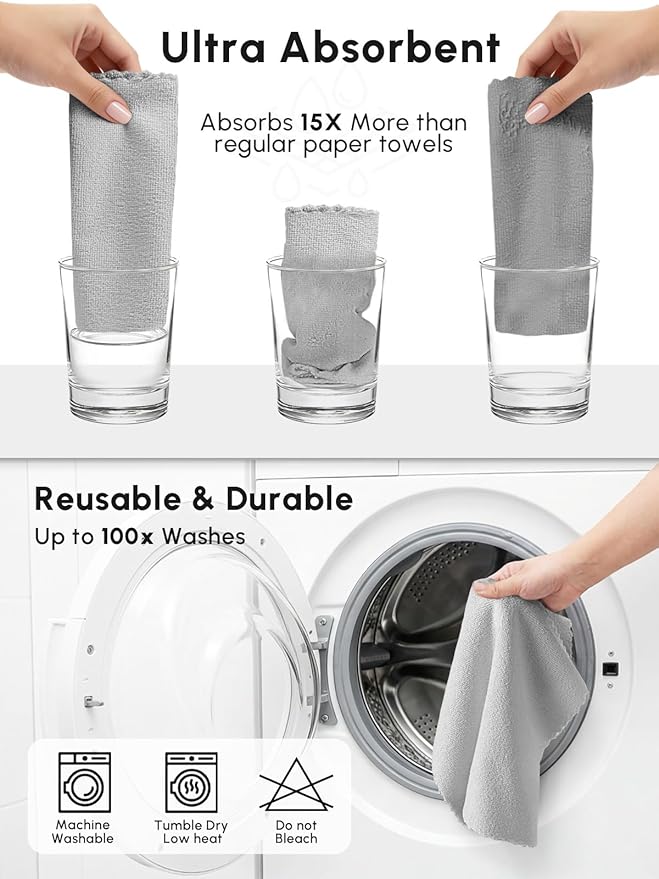 Microfiber Cleaning Cloths Roll, 225 Pack Tear Away Microfiber Towels Roll, 12" x 12" Lint Free Rags, Reusable Cleaning Cloths, Washable, Scratch Free,Ultra Absorbent Dish Rags(Grey)