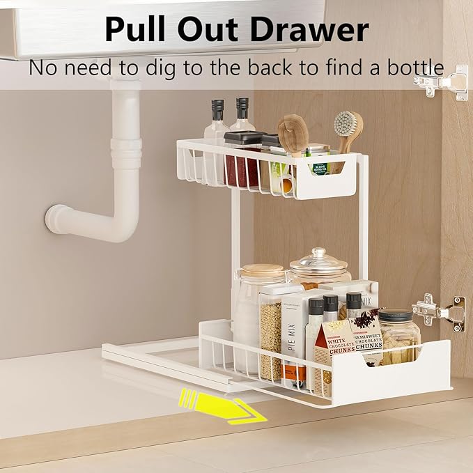 Under Kitchen Sink Organizers and Storage Pull Out 2 Tier Metal Bathroom Cabinet Organizer (White, 1 Pack)