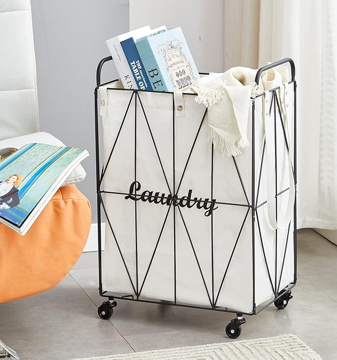 Mxfurhawa Iron Wire Laundry Hamper With Rolling Lockable Wheels, FoldinLaundry Storage Basket with Handles,Detachable Liner Collapsible Dirty Laundry Cart Sorter Clothes Basket Organizer (81-Black)