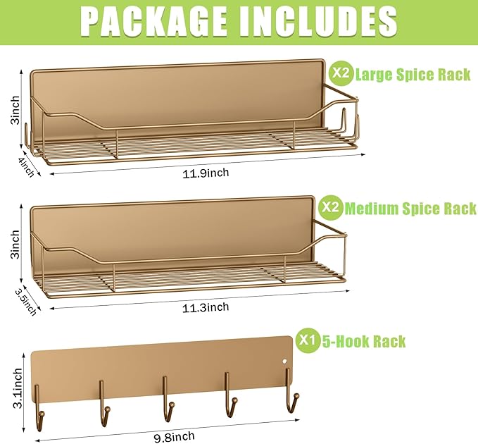 Magnetic Spice Rack for Refrigerator, 5 Pack Metal Strong Magnet Spice Organizer Shelves with Hook Rack, Space Saving Magnetic Fridge Shelf for Home Kitchen Organization and Storage (Brown)