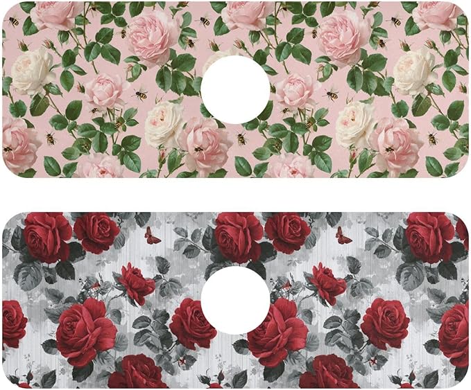 Pastel Pink Rose Bees Grey Butterflies Kitchen Sink Splash Guard Sink Faucet Mat Faucet Handle Drip Catcher Drain Mats for Kitchen Bathroom Countertop Absorbent Di