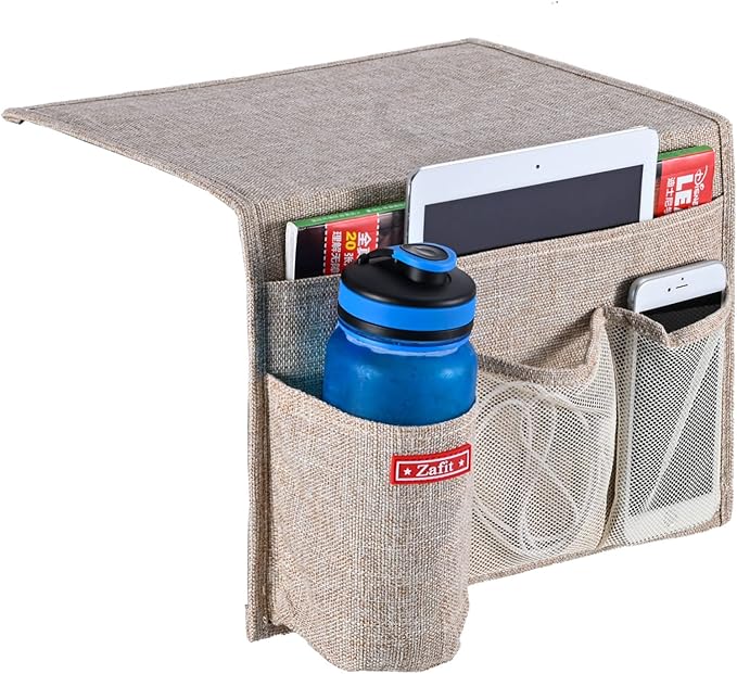 Zafit Linen 4 Pockets Bedside Caddy, Bedside Storage Organizer for Magazine, Remotes, Phone (Beige)