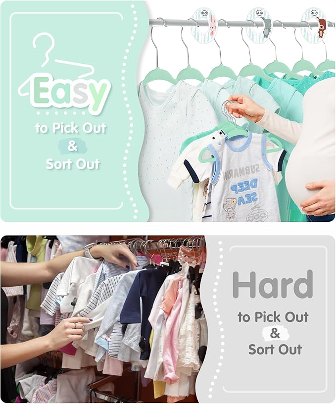VIS'V Baby Hangers, 11 Inch Velvet Kids Hangers with 6 Pcs Clothes Size Dividers, Infant Toddler Nursery Closet Organization, Non Slip, Mint Green, 30 Pcs