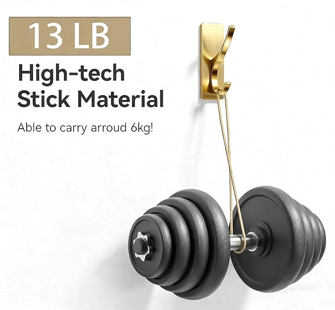 pickpiff Self Adhesive Coat Hooks for Hanging: Heavy Duty Stainless Wall Hook for Towel, Utensil, Backpack, Hat, Sturdy Metal Hanger for Bathroom, Kitchen, Door, 6-Pack, Brushed Gold
