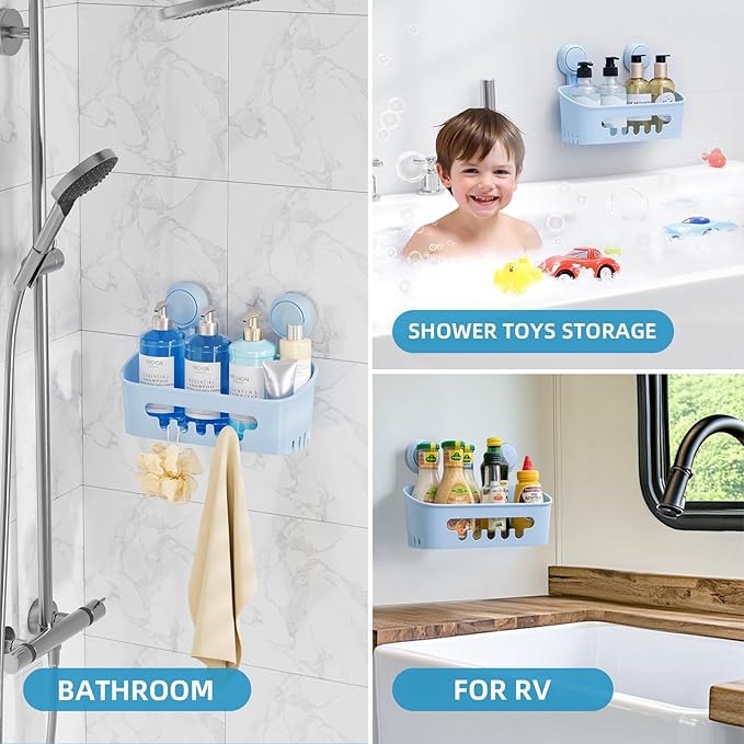LEVERLOC Shower Caddy Suction Cup, Shower Organizer Removable Bathroom Shelf, Storage Suction Powerful Max Hold 22lbs Bathroom Caddy Waterproof Holder, Blue