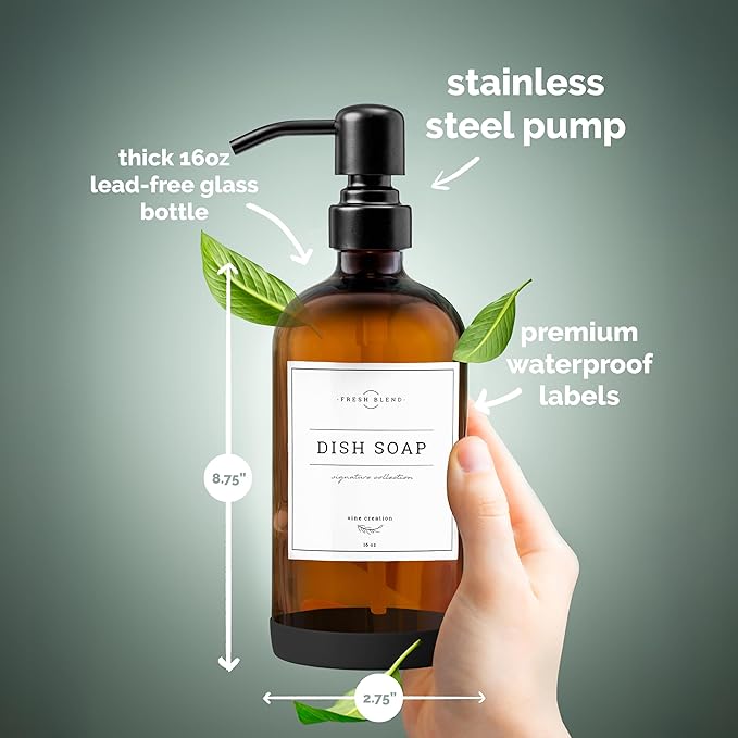Vine Creations Amber Glass Soap Dispenser, 2 Pack Kitchen Soap Dispenser Set with Stainless Steel Pump, 16 oz Dish Soap and Hand Soap Dispensers for Bathroom with Waterproof Labels