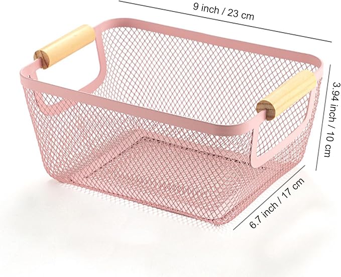Metal Mesh Steel Basket, Small Wire Storage Organizer Baskets Multi-function Hanging Kitchen Basket with Wood Handle for Kitchen Bathroom Picnic Home, Rectangle-Pink
