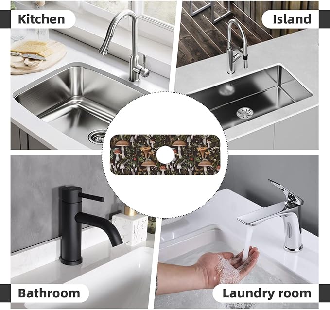Mushroom Mushrooms Fern Forest Autumn Kitchen Sink Splash Guard Faucet Mat Super Absorbent Fast Drying Mat Sink Gadgets-Fast Drying Pad Sink Mat For Kitchen Bathroom (15" X 5.5" )