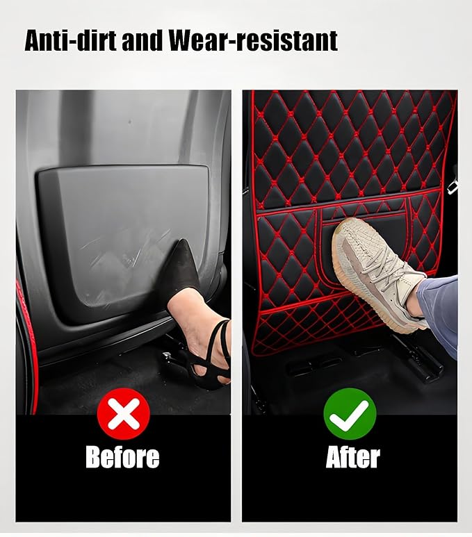 Leatherette Car Seat Protector - 2 Pack Large Car Kick Mats with Storage Pockets Organizer Seat Back Cover Against Dirty Shoes & Scratches, Universal Fit for Most Vehicles, Black with Red Line