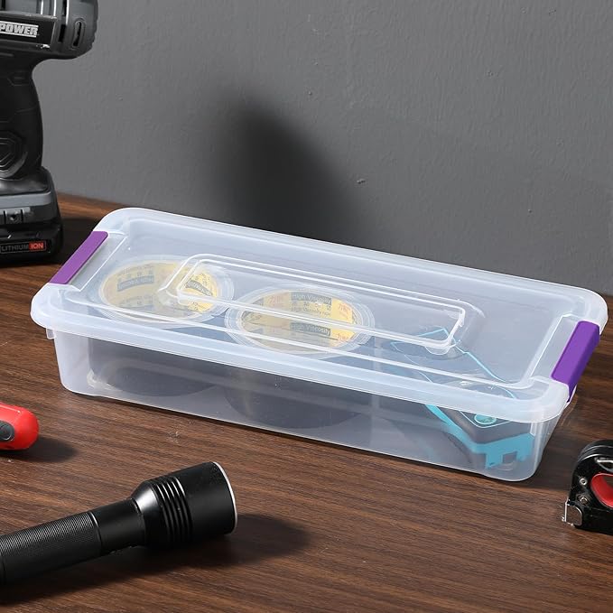 novelinks Clear Stackable Storage Bins with lid Storage Boxes Durable Plastic Organizer Containers for Home Office, Kitchen, Craft Supplies (4 Quart 8 Pack Purple)