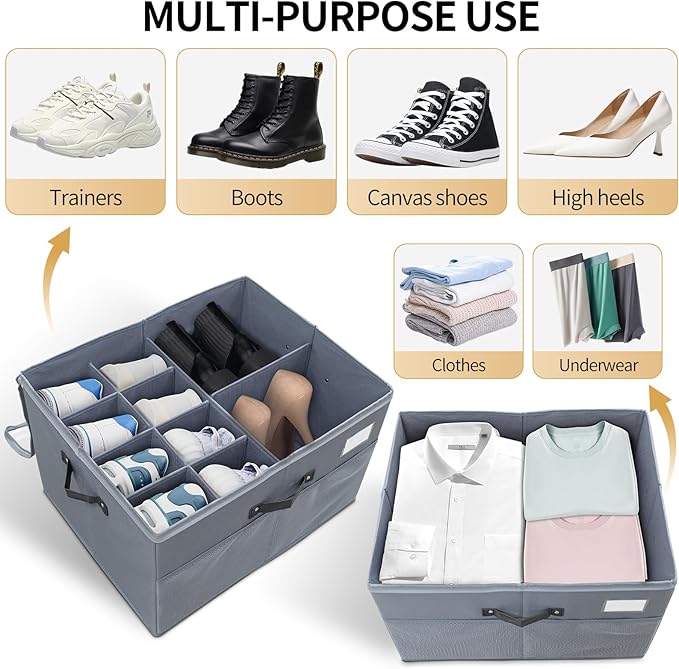 Shoe Storage Organizer for Closet Fits 16 Pairs, 1 Pack Shoes Boxes with Transparent Cover and Sturdy Handles, Shoe Storage Box for Sneakers Sandals Slippers, Boots,Gray,Gift for women,mom