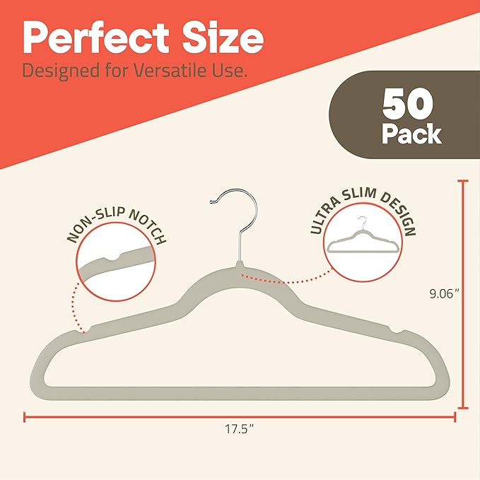 Ivory Velvet Hangers 50 Pack – 360° Swivel Hook, Non-Slip and Space Saving Hangers, Heavy-Duty 11 lbs Weight Capacity - Smooth Velvet Finish for Crease-Free Clothes and Effortless Closet Organization