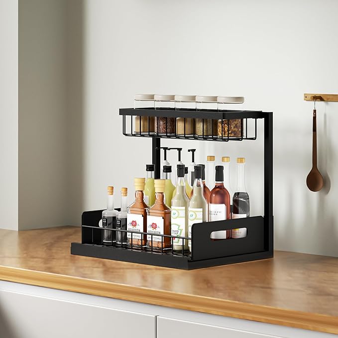 VUSIGN Under Kitchen Sink Organizer 2 Tier, Pull Out Bathroom Sink Organizers and Storage, Cabinet Kitchen Bathroom Storage Organization Shelf, 2 Pack Black