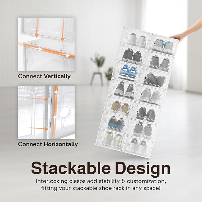 Reli. Shoe Boxes (14 Pack) | Clear Shoe Storage Boxes Stackable and Compact | Lightweight Plastic Storage Box with Ventilation Holes, Swing Door | Interlocking Containers, Stackable Rack | White