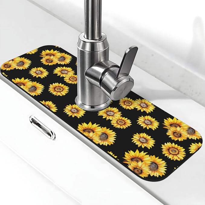 Faucet Draining Mat For Kitchen Sink, Sunflower Flower Black Diatom Mud Absorbent Drain Pad For Bathroom Kitchen Sink Splash Guard Drying Mat